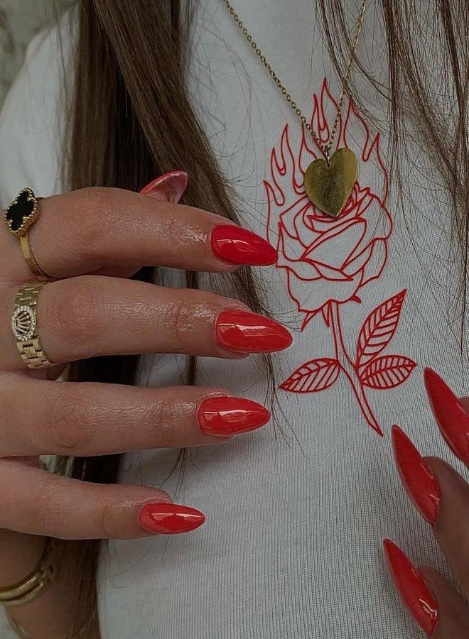 XCREANDO 48Pcs Bright Red Press on Nails Almond Fake Nails Glue on Nails Medium Length Almond Shaped Nails Press ons, Stiletto Nails False Nails for Women, Medium Almond Nails, Thick Natural Acrylic Gel Nails - Image 3